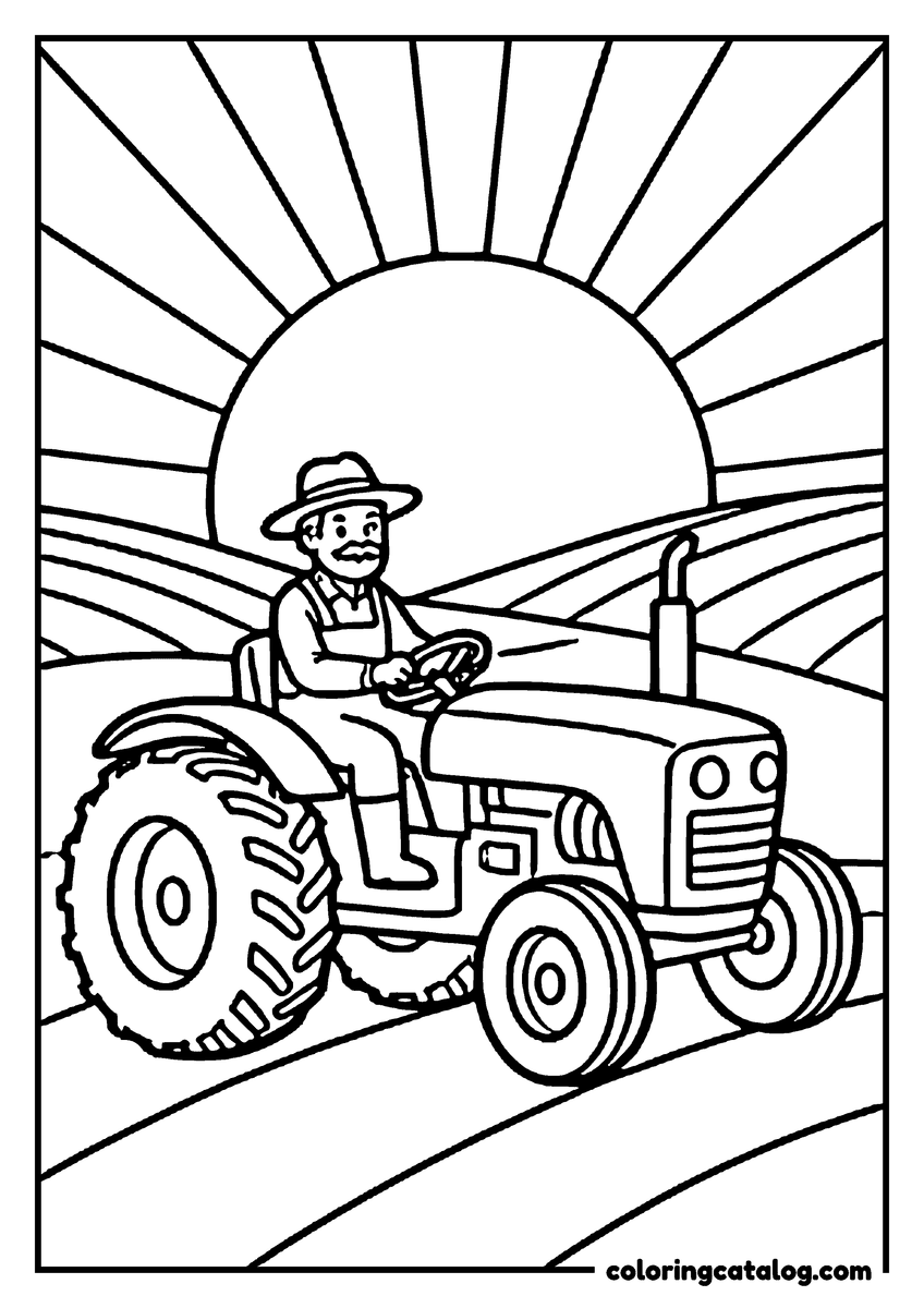 Coloring page: A farmer in a hat driving his tractor over the hills as the sun rises