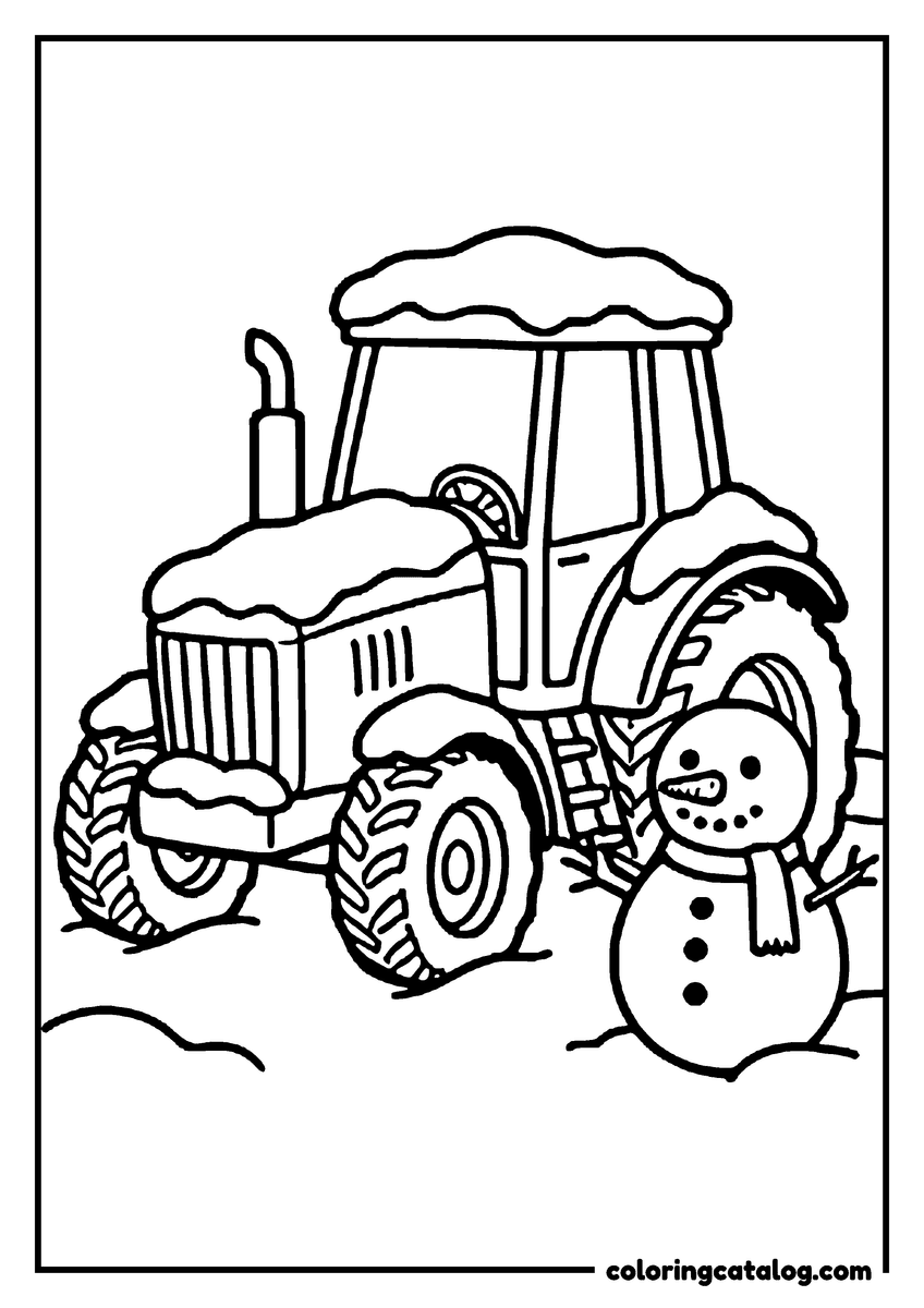 Free printable coloring sheet: A tractor covered in snow beside a snowman with a carrot nose and a scarf