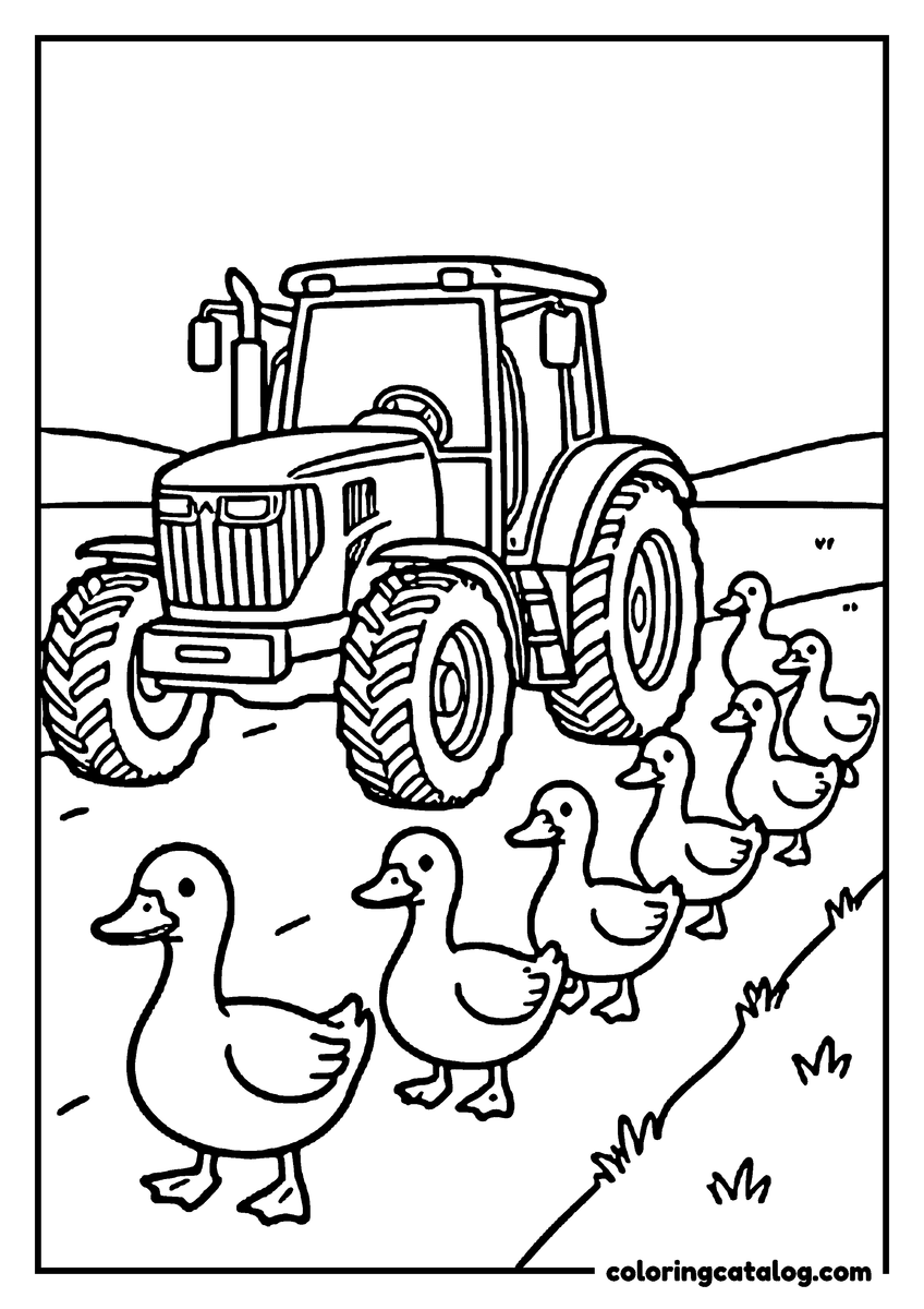 Coloring page: A tractor waiting on a farm path while a line of ducks walks past