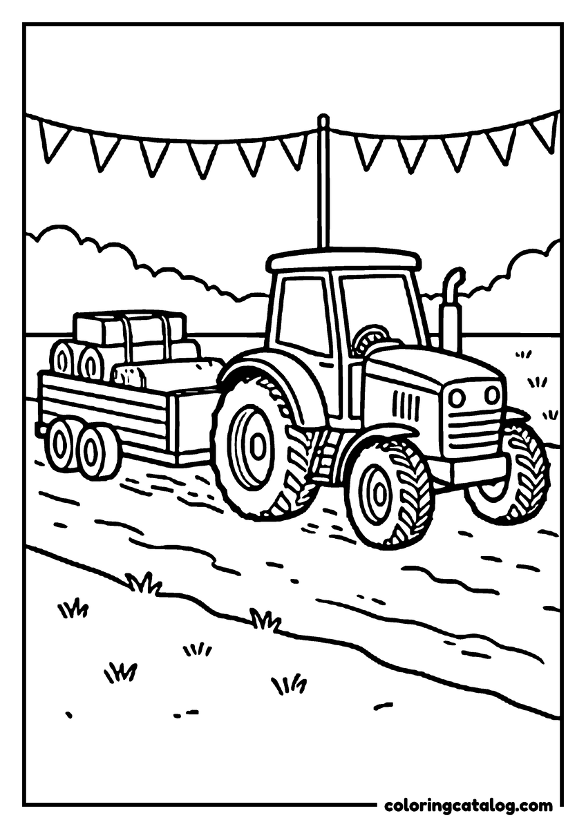 Free printable coloring sheet: A tractor pulling a trailer of hay bales under strings of fair bunting