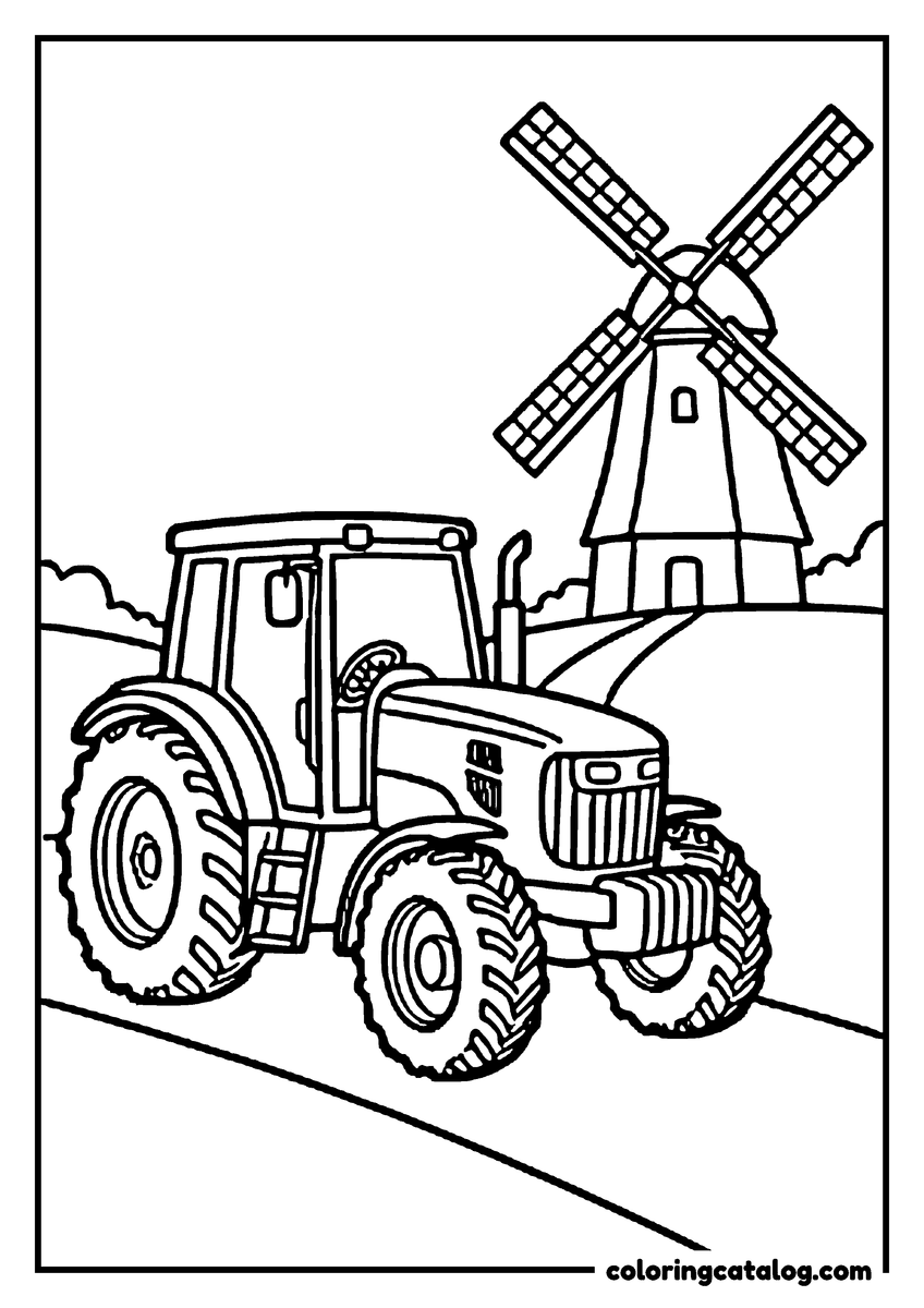 Free printable coloring sheet: A tractor driving down a hill past an old windmill