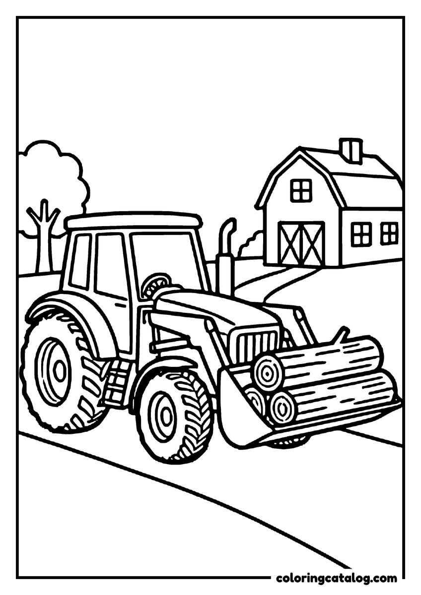 Coloring page: A tractor carrying logs in its front loader near the farmhouse