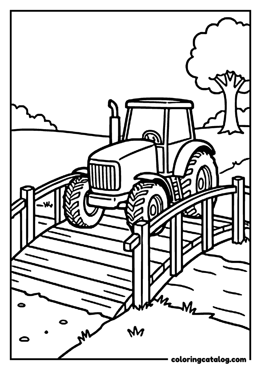 Coloring page: A tractor driving over a small wooden bridge on a country lane