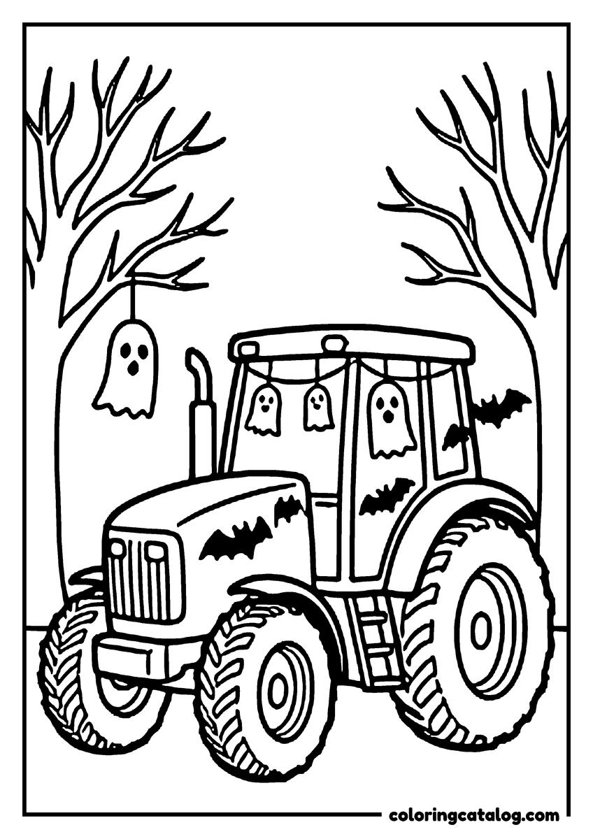 Printable coloring page: A tractor hung with little ghosts and bats between two bare trees