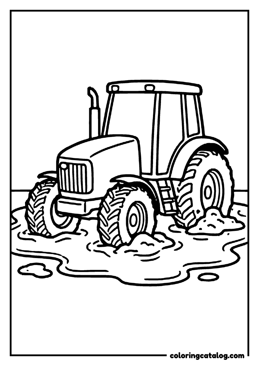 Printable coloring page: A tractor driving through a big muddy puddle