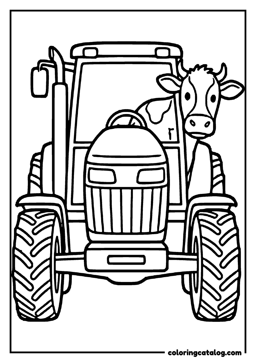 Free printable coloring sheet: A tractor seen from the front with a cow peeking around the cab