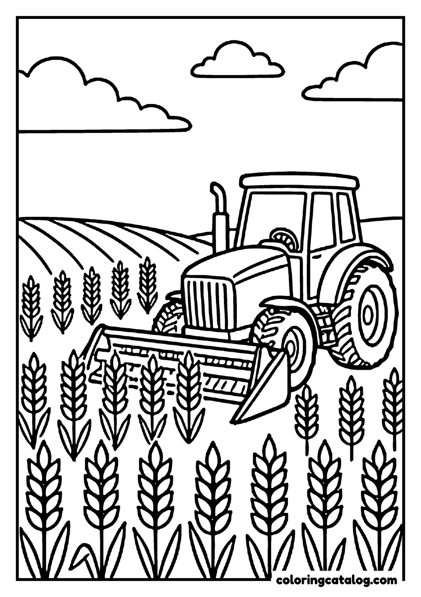 Free printable coloring sheet: A tractor with a harvesting head cutting through a field of ripe wheat