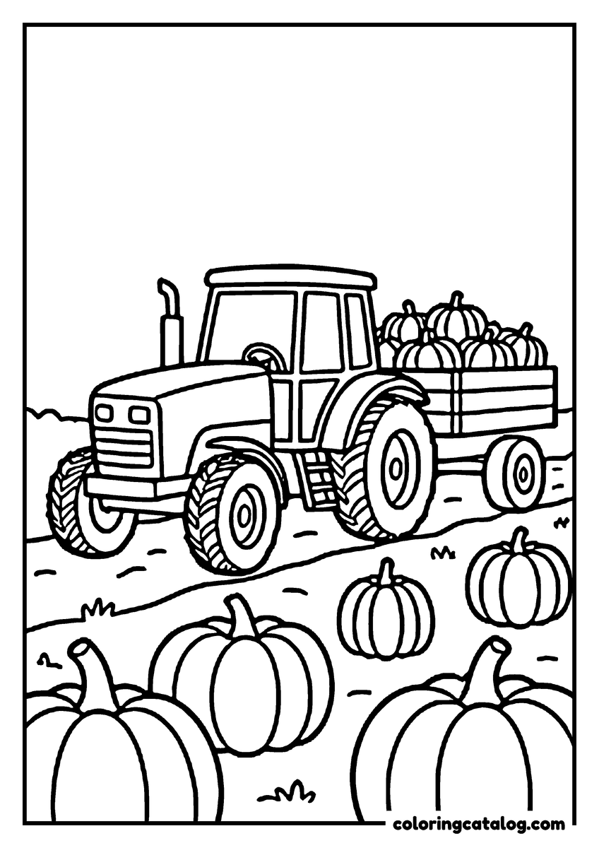Coloring page: A tractor pulling a trailer of pumpkins through a pumpkin patch