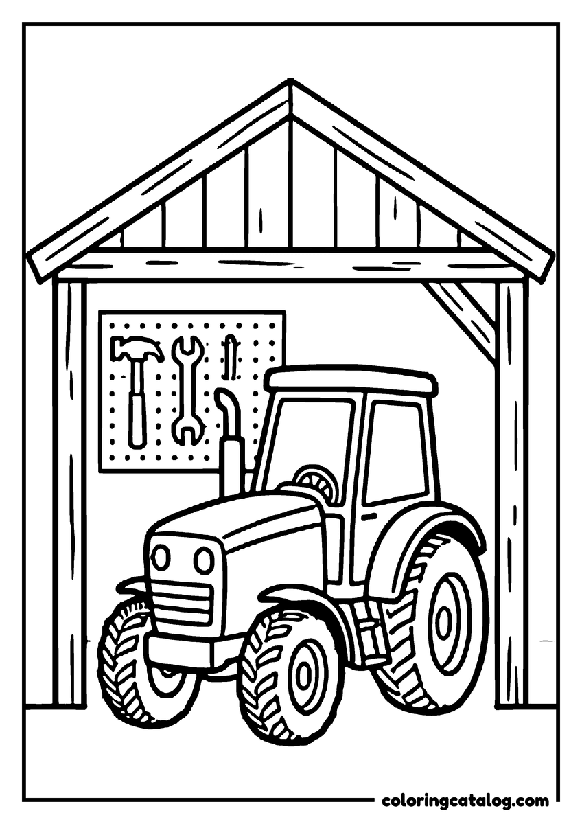 Printable coloring page: A tractor parked in a wooden shed in front of a wall of tools