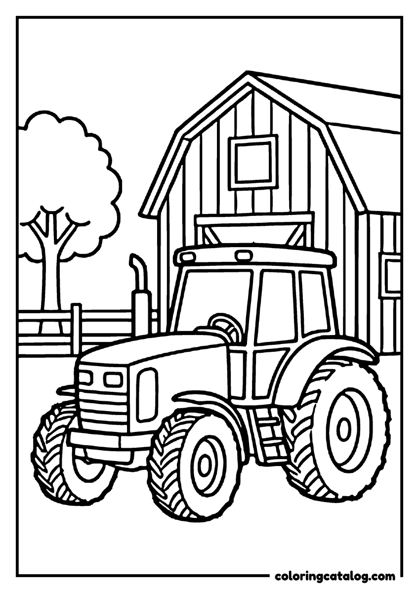Printable coloring page: A tractor parked in front of a big wooden barn with a tree beside it