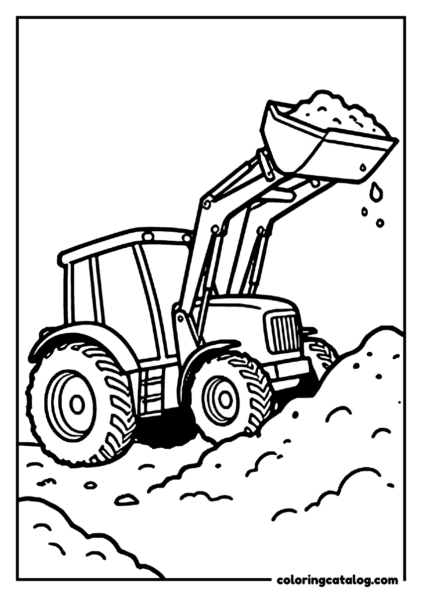 Printable coloring page: A tractor raising a front loader bucket full of dirt over a mound of earth