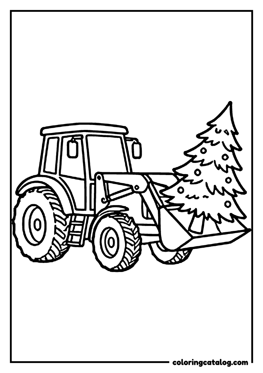 Free printable coloring sheet: A tractor carrying a decorated Christmas tree in its front loader bucket