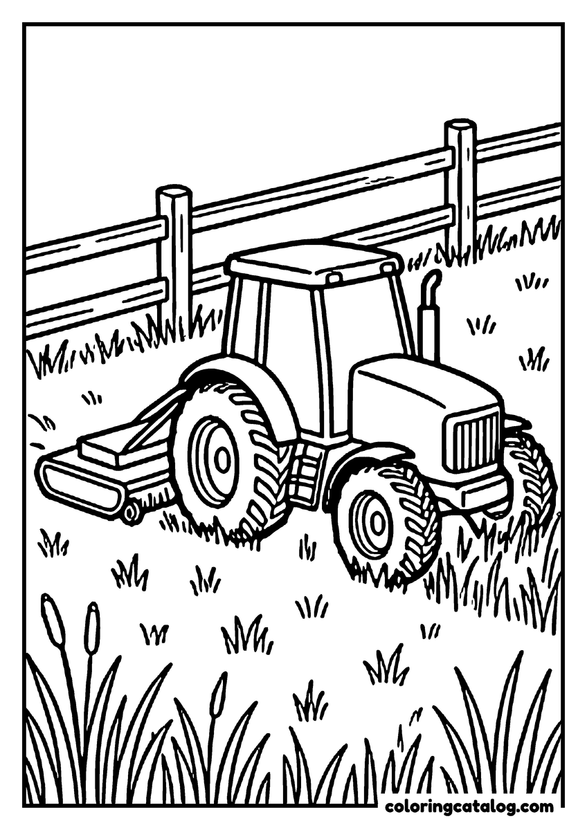 Printable coloring page: A tractor pulling a mower through tall grass beside a wooden fence