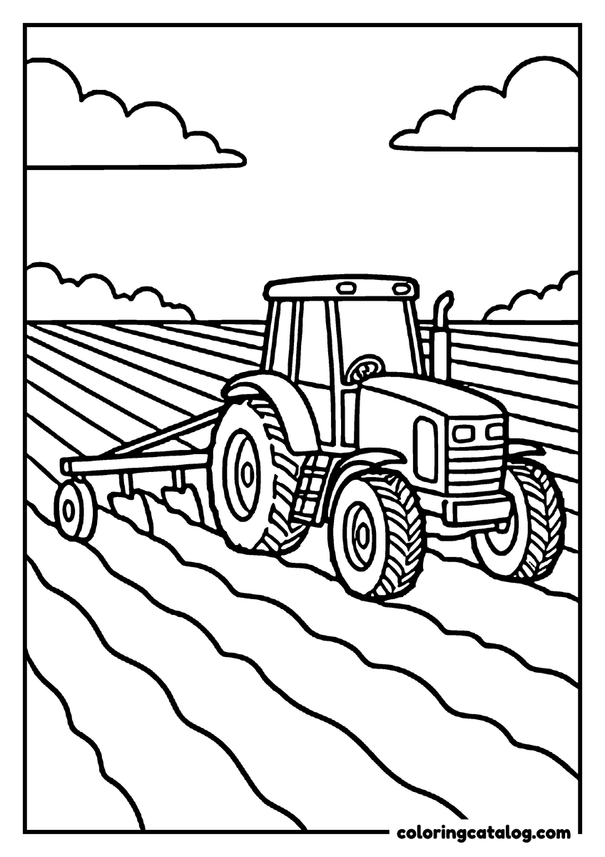 Coloring page: A tractor pulling a plow across a field, leaving long curved furrows behind it