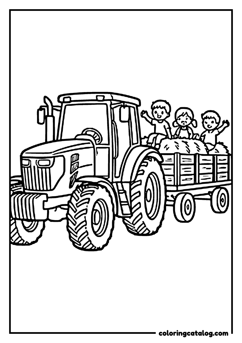 Free printable coloring sheet: A tractor pulling a hayride trailer full of waving children