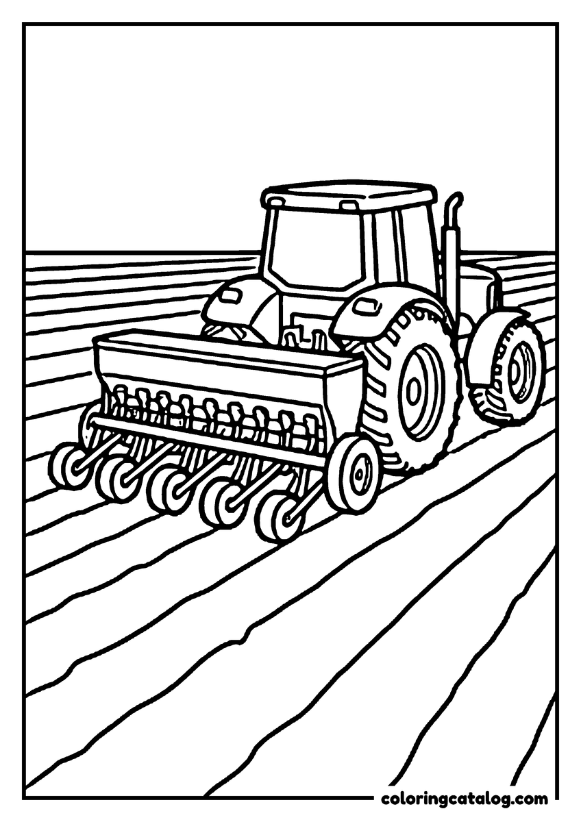Free printable coloring sheet: A tractor pulling a seed drill across a freshly plowed field
