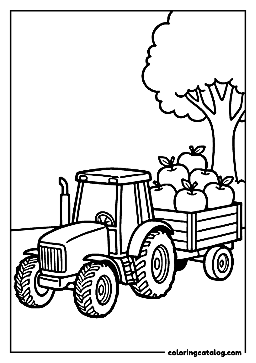 Coloring page: A tractor pulling a trailer of apples past an apple tree