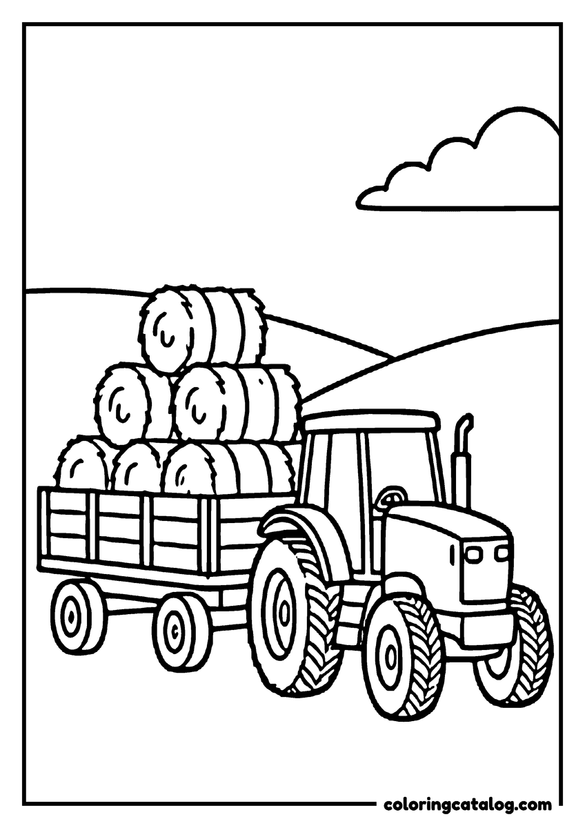 Printable coloring page: A tractor pulling a trailer stacked with round hay bales past the hills