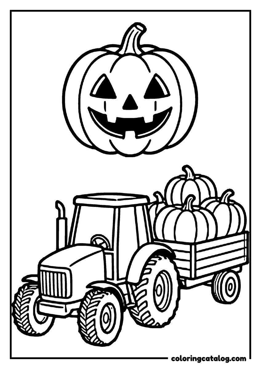 Coloring page: A tractor pulling a trailer of pumpkins with a big grinning jack-o-lantern above it