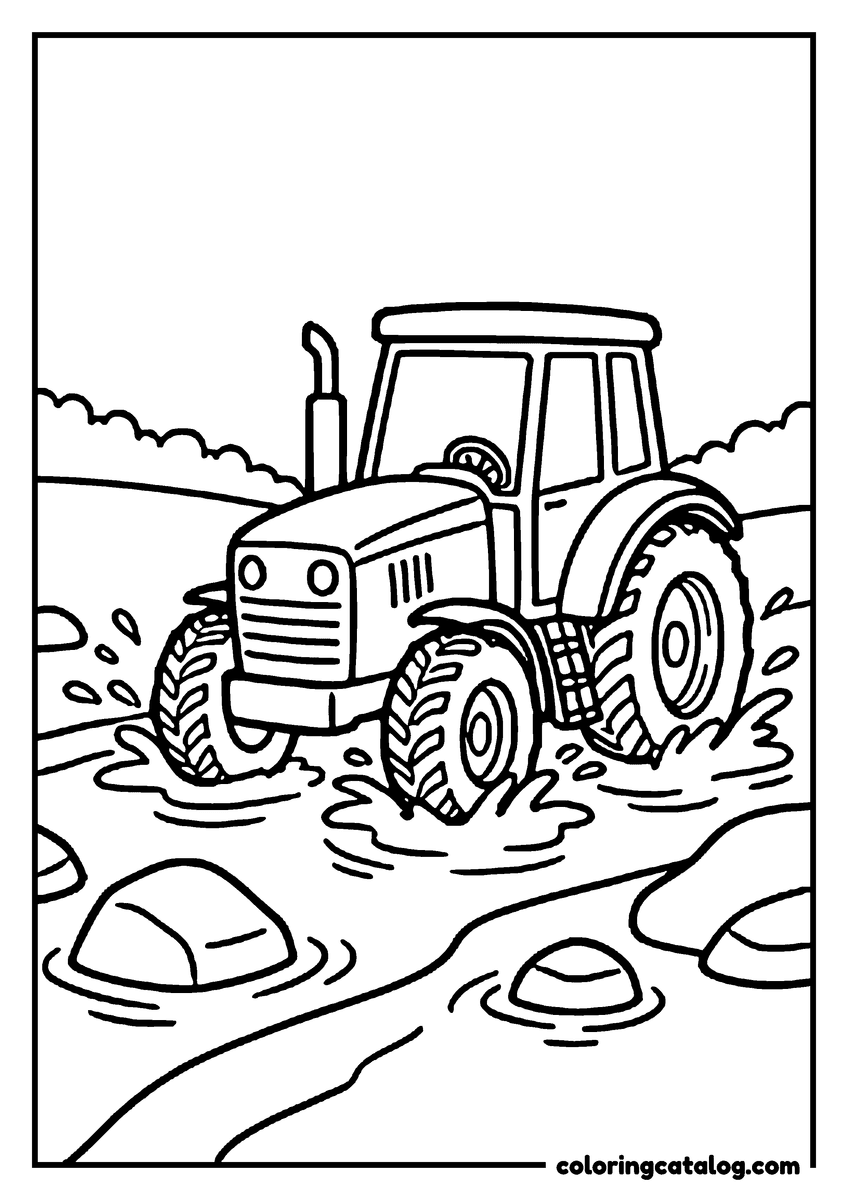 Free printable coloring sheet: A tractor splashing through a shallow stream between the rocks