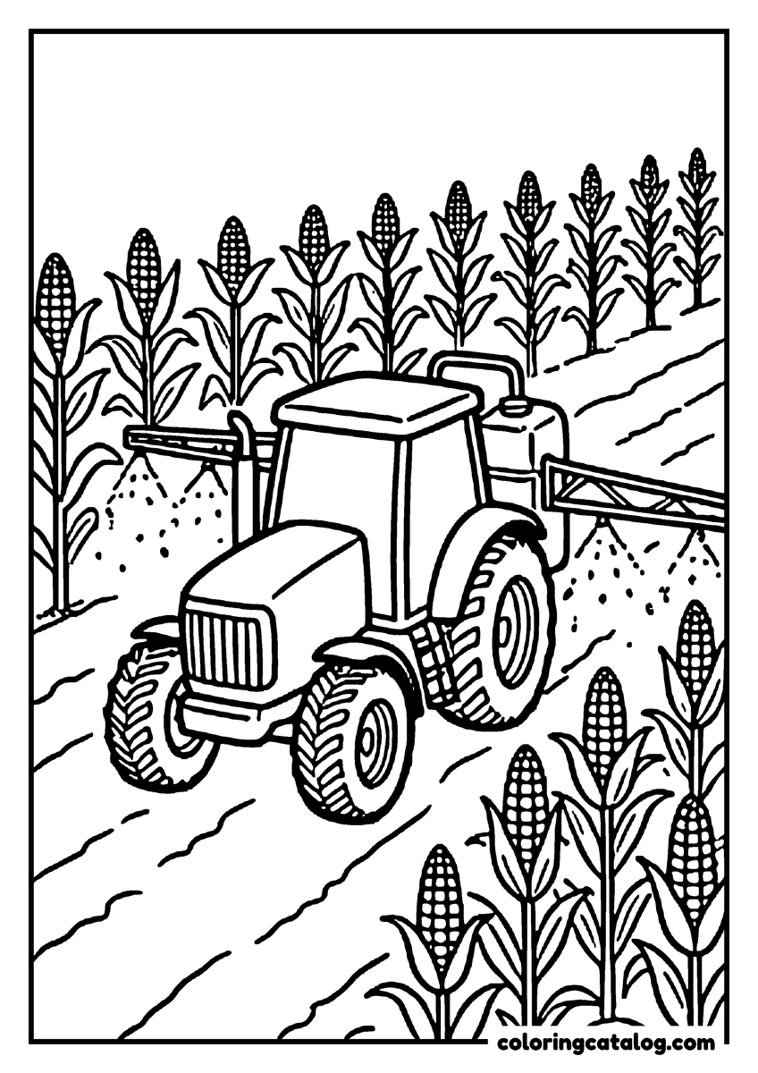 Coloring page: A tractor with spray booms driving between rows of tall corn