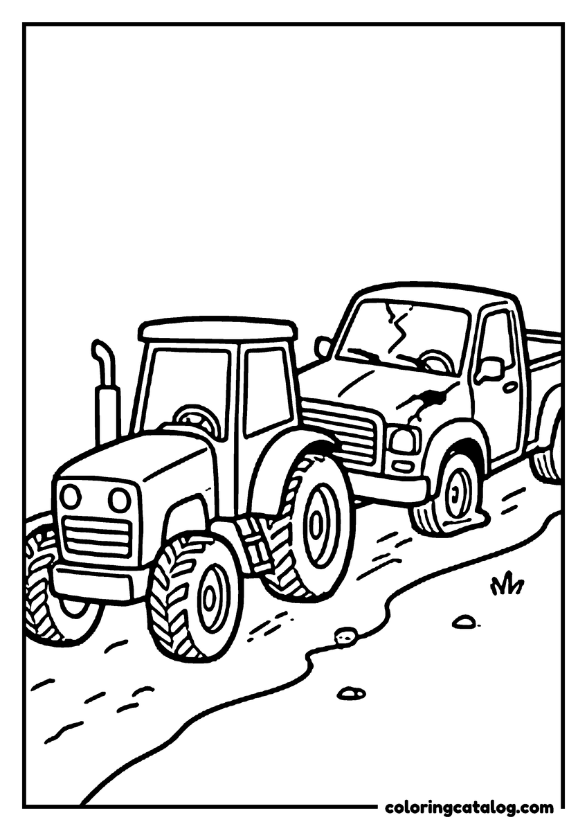 Coloring page: A tractor towing a broken-down pickup truck with a flat tire down a dirt road