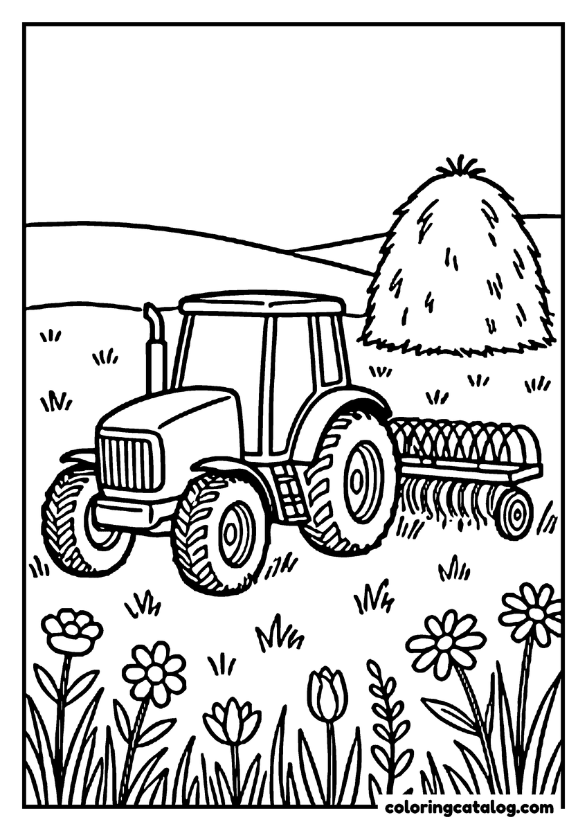 Free printable coloring sheet: A tractor pulling a hay rake past a haystack in a field of flowers