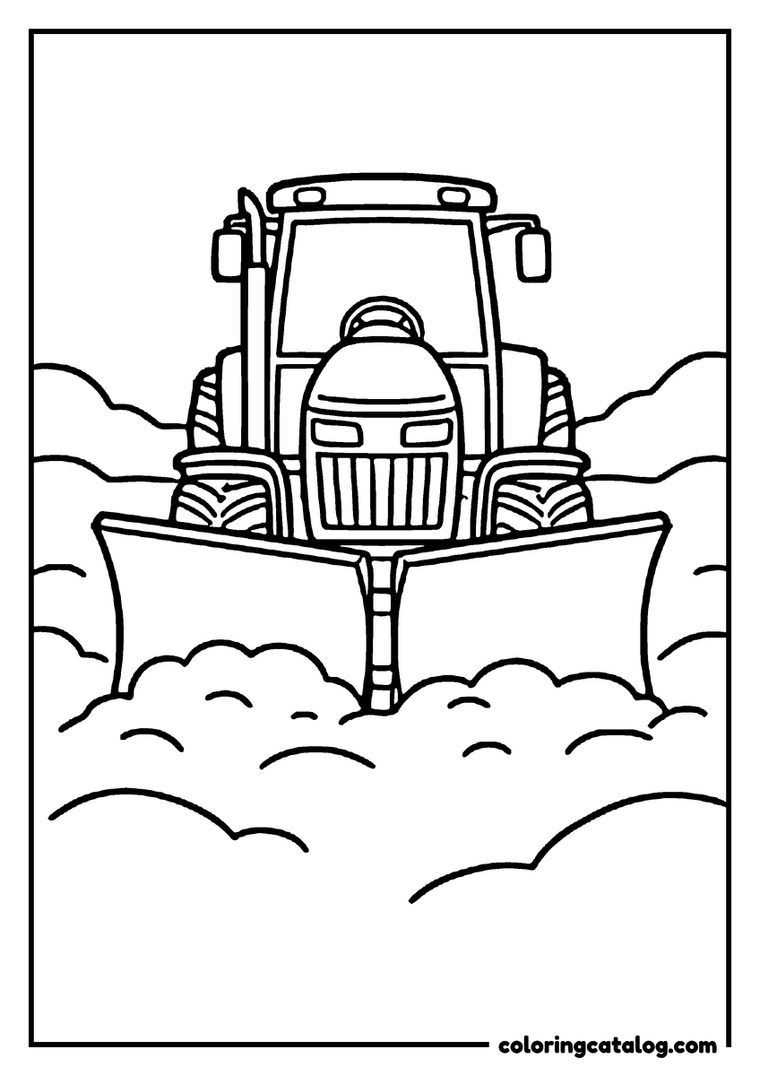 Free printable coloring sheet: A tractor with a snowplow blade pushing through deep snow