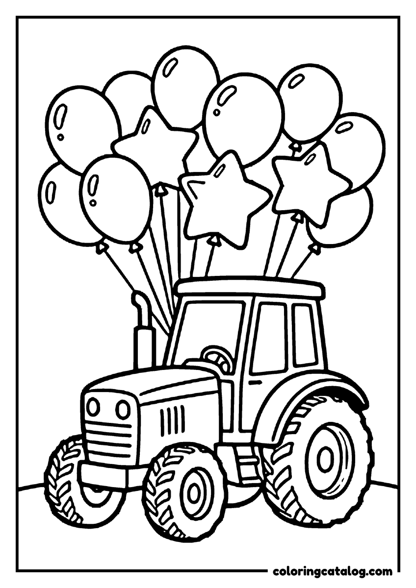 Free printable coloring sheet: A tractor with a bunch of round and star-shaped balloons tied to its cab