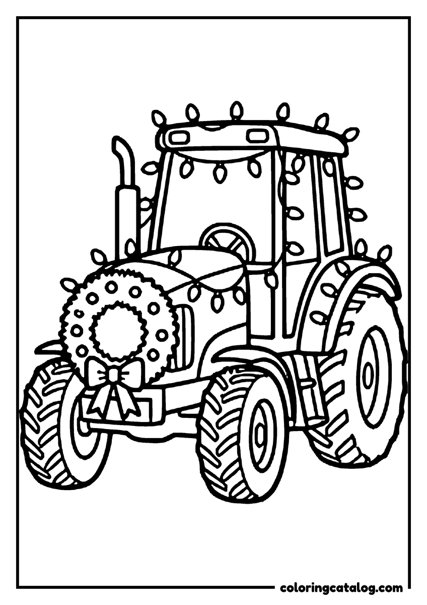 Coloring page: A tractor strung with Christmas lights and a wreath with a bow on its grille