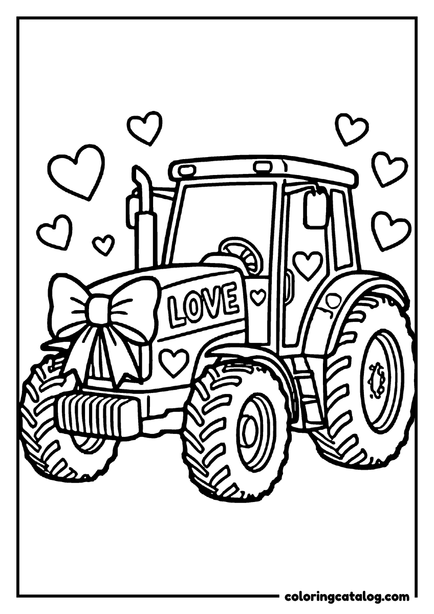 Printable coloring page: A tractor with a big bow, the word LOVE and hearts floating around it