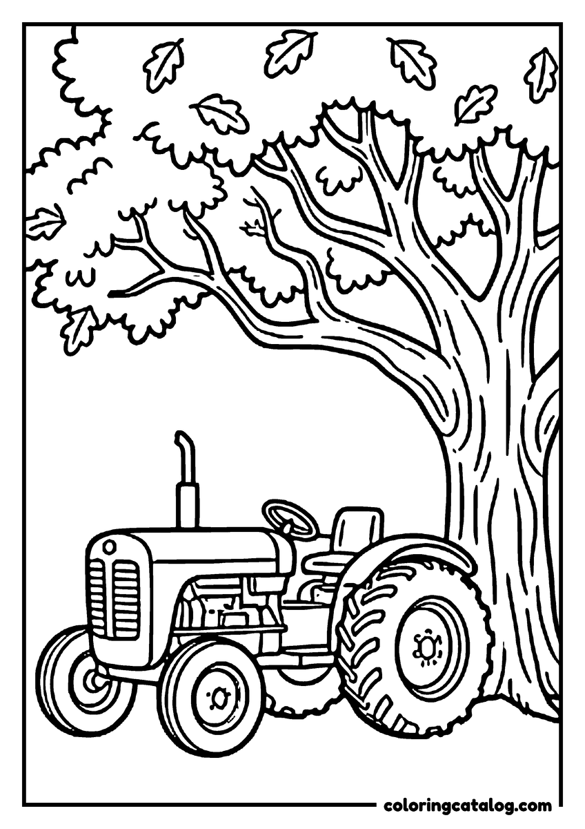 Printable coloring page: A vintage tractor resting in the shade of a big oak tree