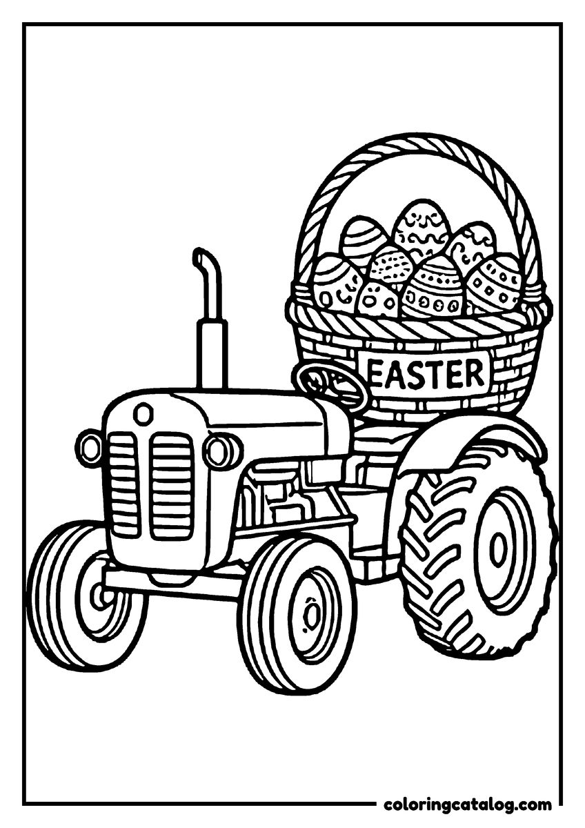 Free printable coloring sheet: A vintage tractor carrying a big EASTER basket of decorated eggs