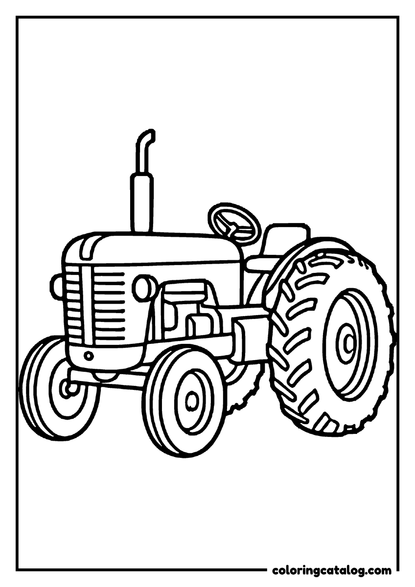 Printable coloring page: A vintage tractor with a tall exhaust pipe and big ridged back wheels