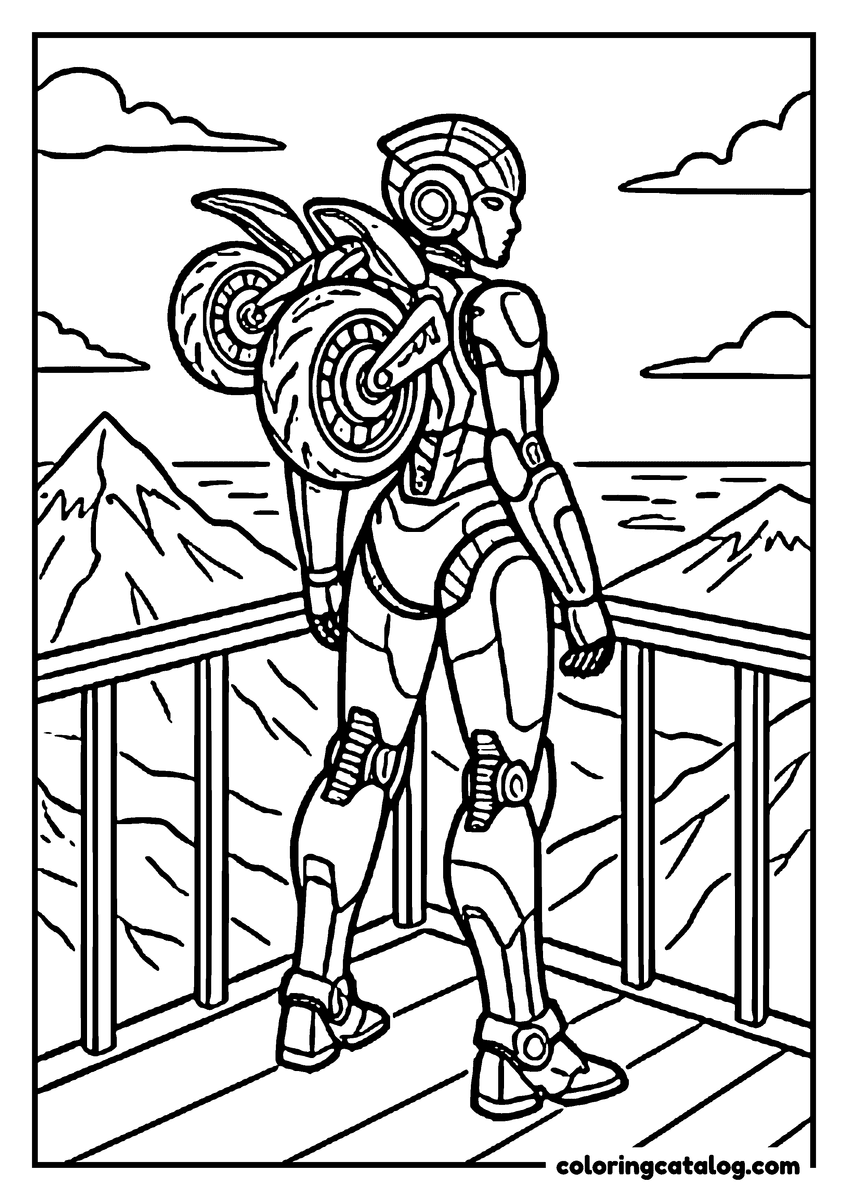 Transformers coloring page: Arcee, the robot with a motorcycle wheel folded on her back, standing at a mountain lookout railing