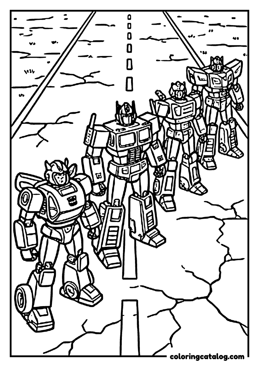Free Transformers coloring sheet: A line of Autobots led by Bumblebee and Optimus Prime marching along a cracked runway
