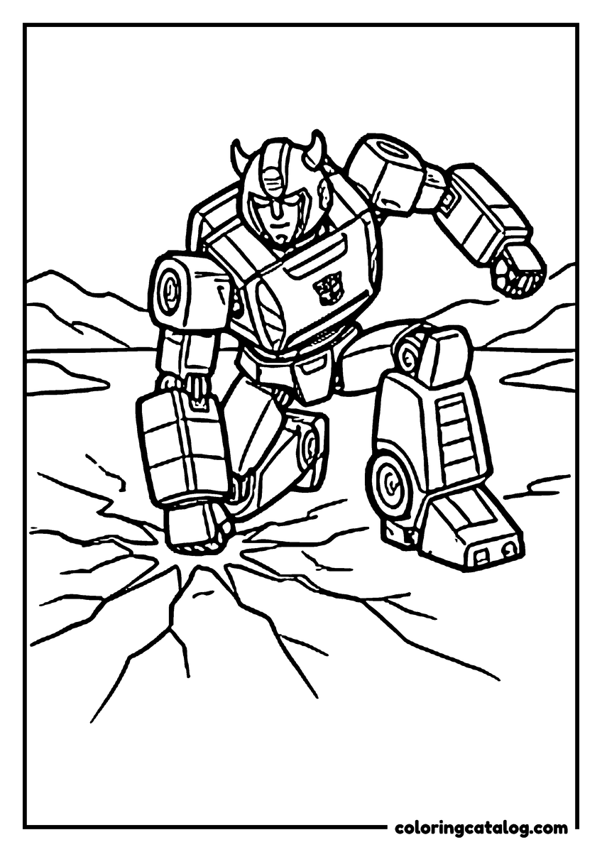 Transformers coloring page: Bumblebee crouching on a frozen lake, cracks spreading out from his knee