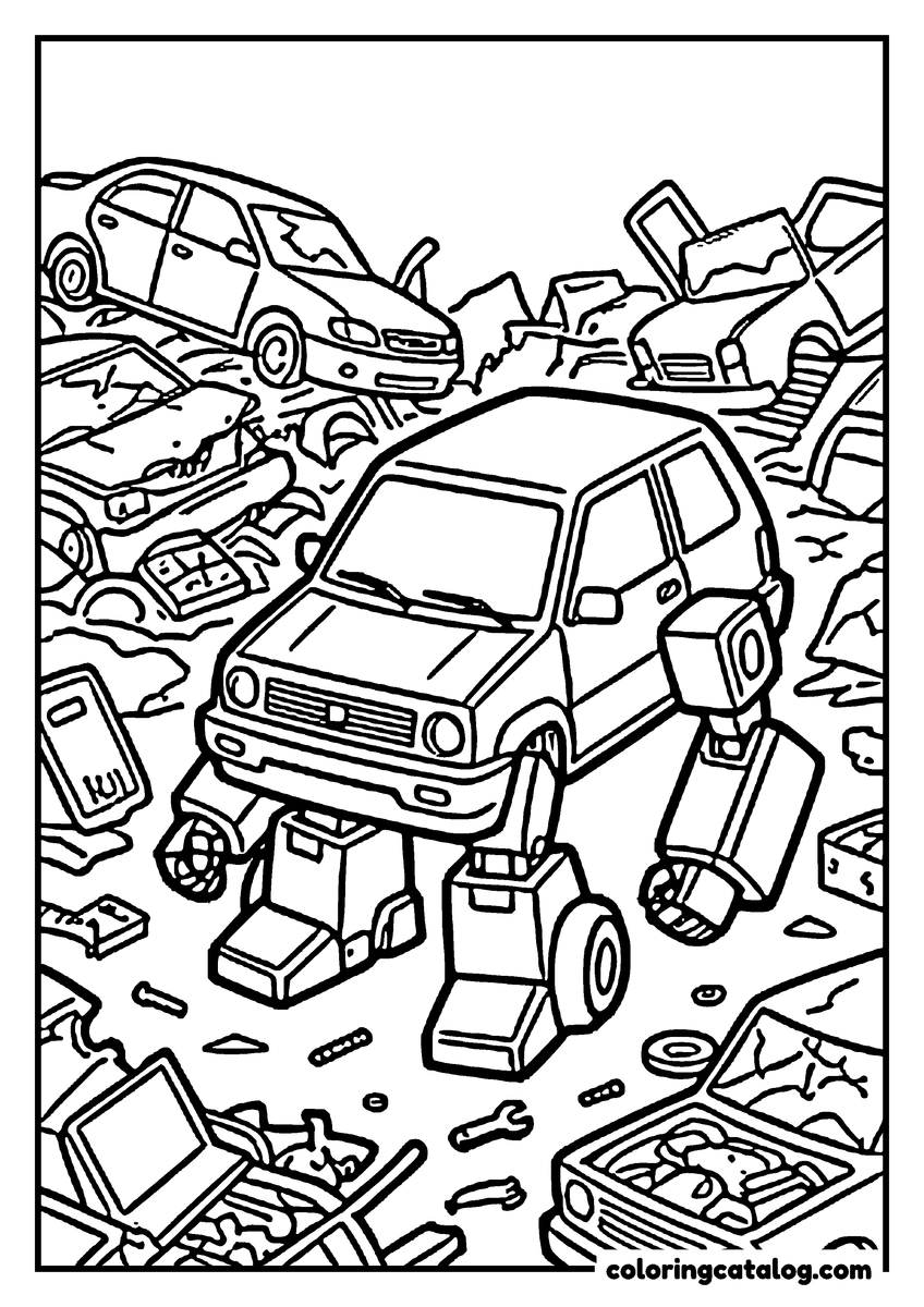 Free Transformers coloring sheet: A small car robot crouching in a scrapyard among piles of crushed cars