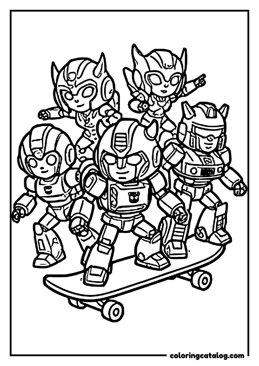 Transformers coloring page: A squad of chibi Autobots piled onto a skateboard far too small for all of them