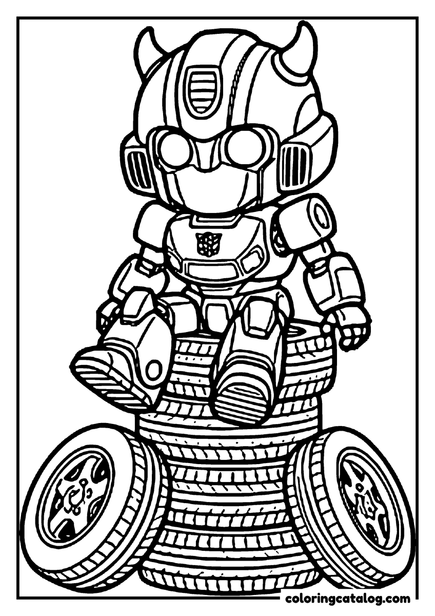 Printable Transformers coloring page: A chibi Bumblebee with a big head and tiny legs sitting on a stack of tires
