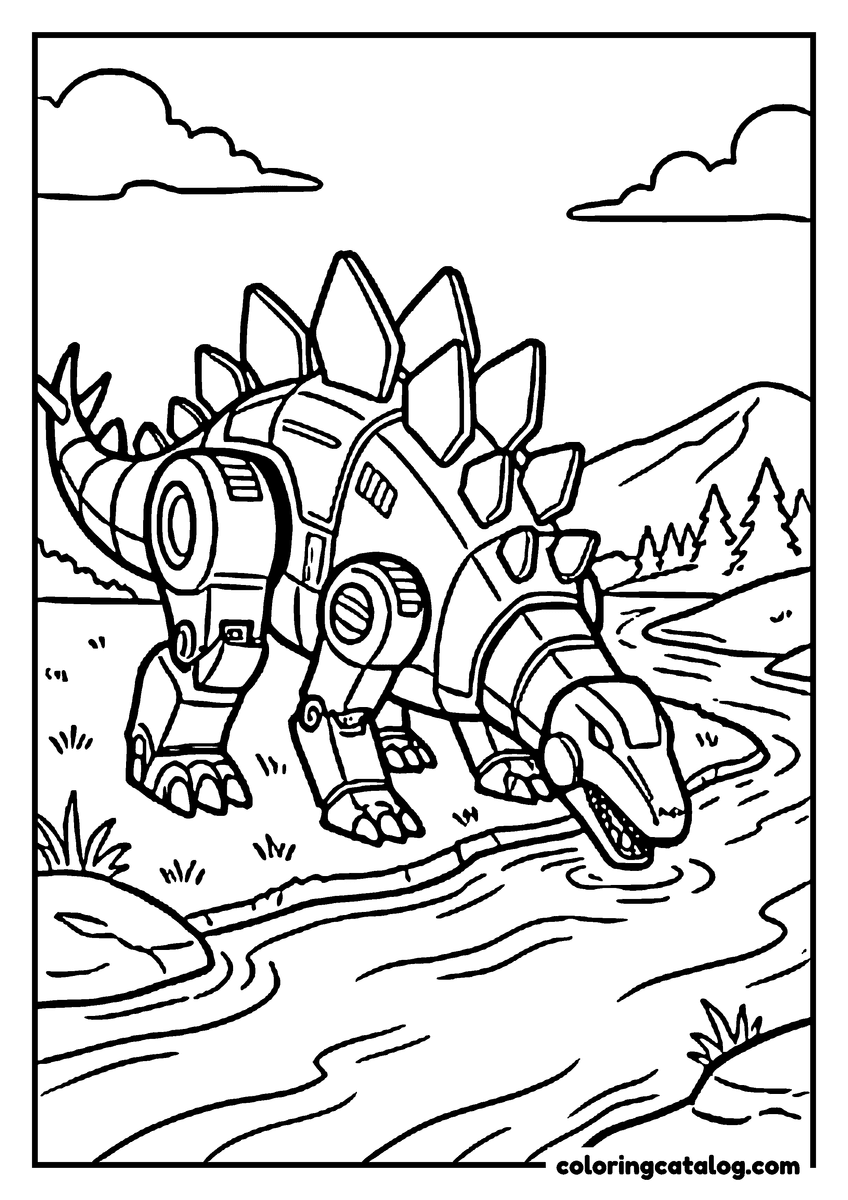 Printable Transformers coloring page: A robot stegosaurus with plated back spines drinking from a wide river