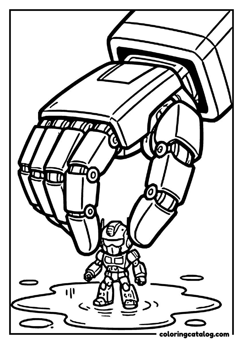 Free Transformers coloring sheet: A giant robot hand reaching down to pick up a tiny robot standing in a puddle