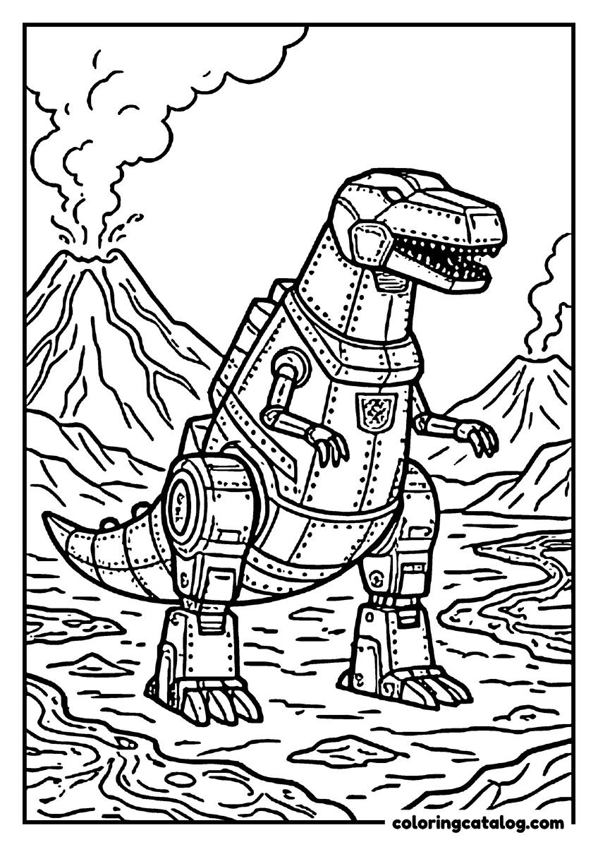 Printable Transformers coloring page: Grimlock, the riveted robot T. rex, standing in a valley of lava flows below smoking volcanoes