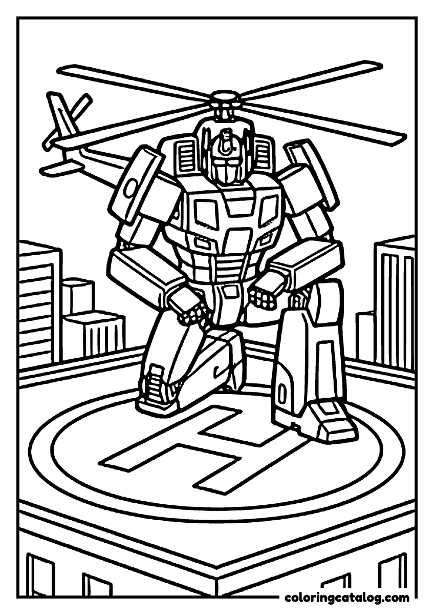 Free Transformers coloring sheet: A robot with a helicopter rotor above its shoulders crouching on a rooftop helipad
