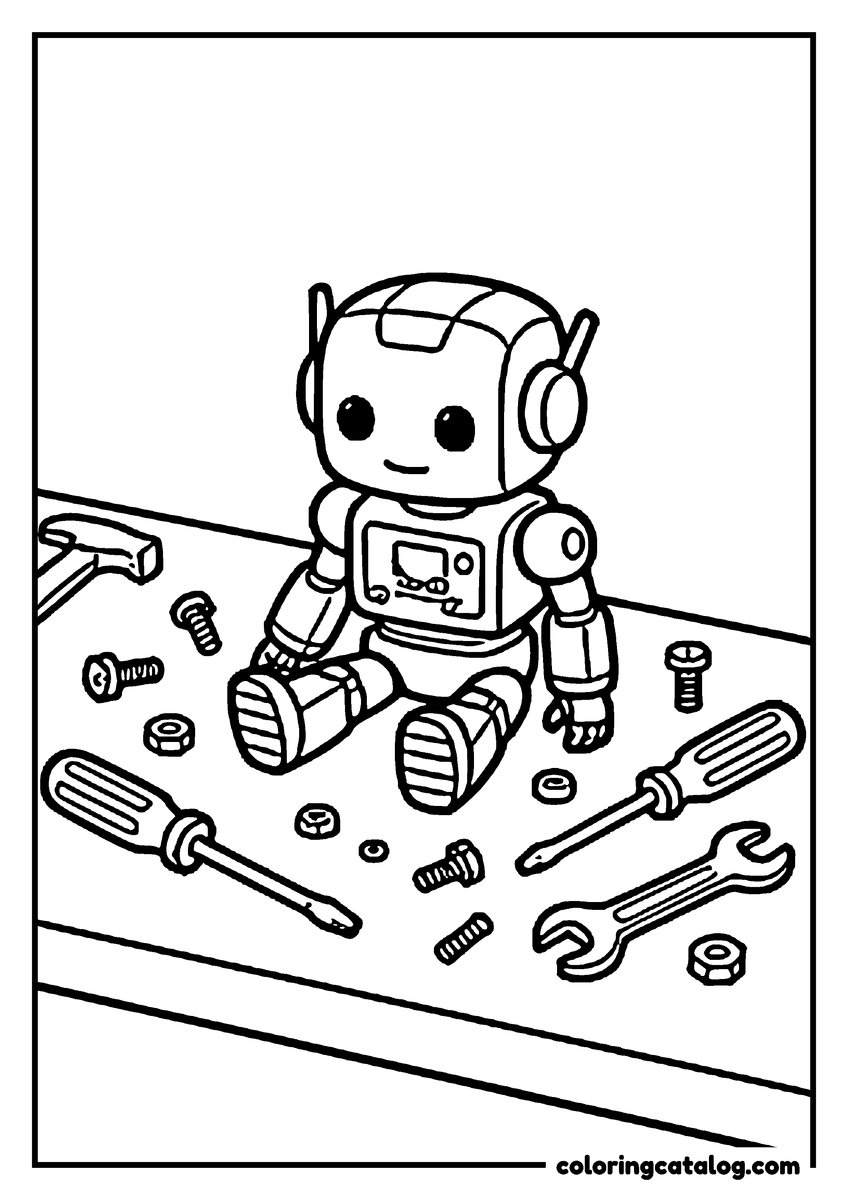 Printable Transformers coloring page: A small cute robot the size of a toolbox sitting on a workbench among bolts, screwdrivers and wrenches