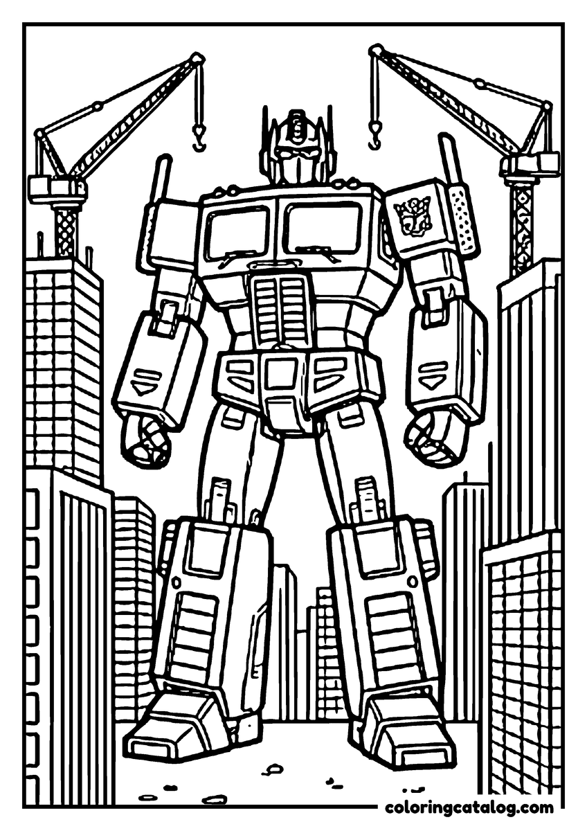 Transformers coloring page: Optimus Prime standing between rising skyscrapers with construction cranes at his shoulders