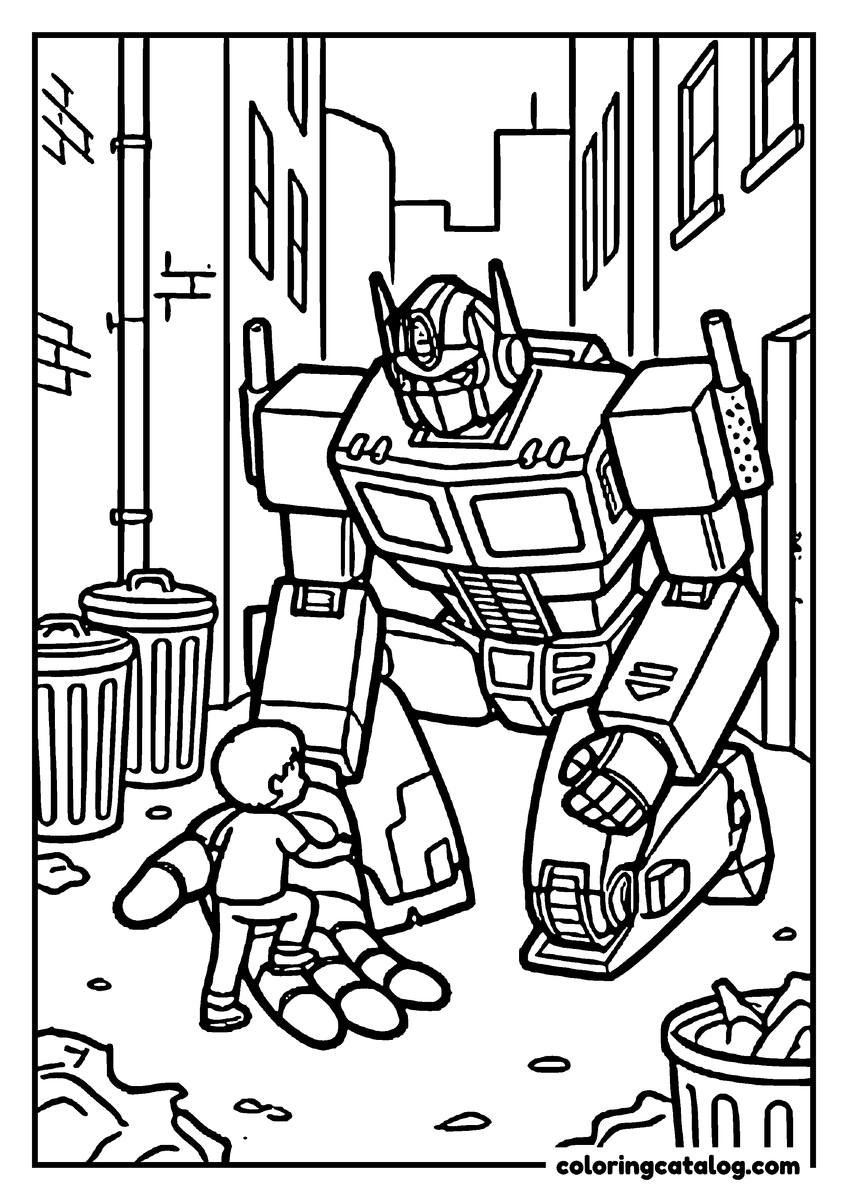 Transformers coloring page: Optimus Prime kneeling in a city alley to hold out his open hand to a small child