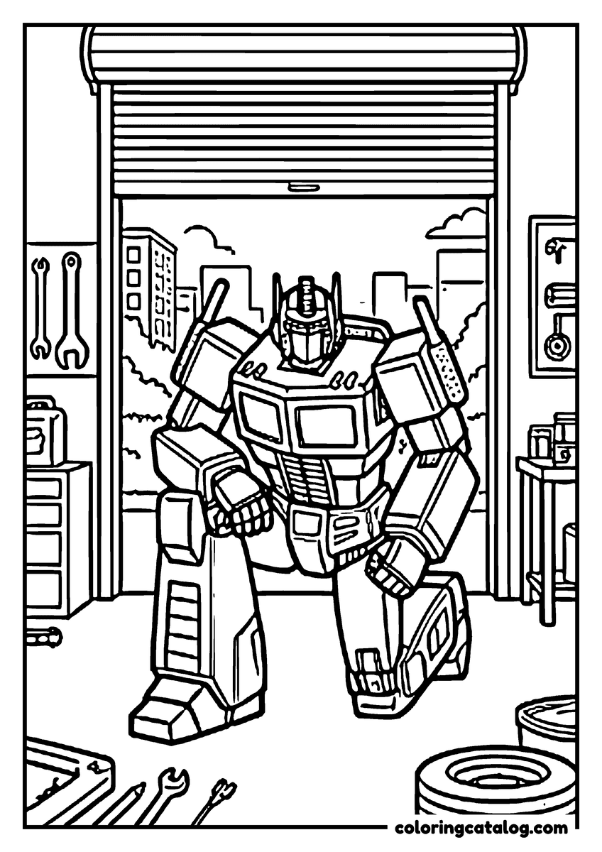 Printable Transformers coloring page: Optimus Prime crouching inside a garage bay among tools and tires, the roller door raised behind him