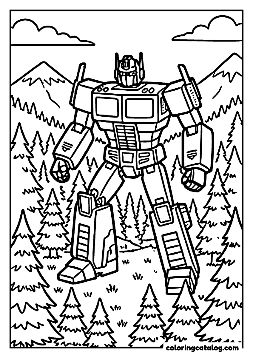 Printable Transformers coloring page: Optimus Prime walking through a pine forest where the trees only reach his knees, mountains behind