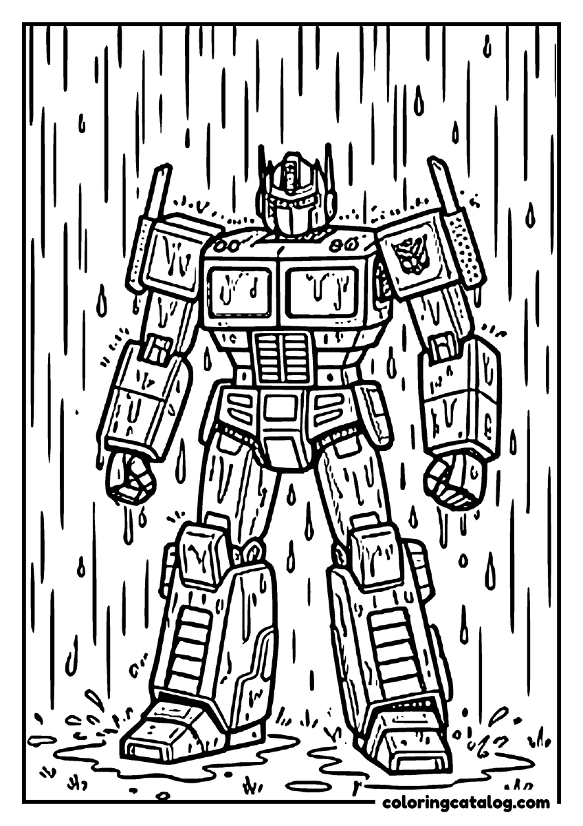 Free Transformers coloring sheet: Optimus Prime standing in heavy rain, water running down his armor